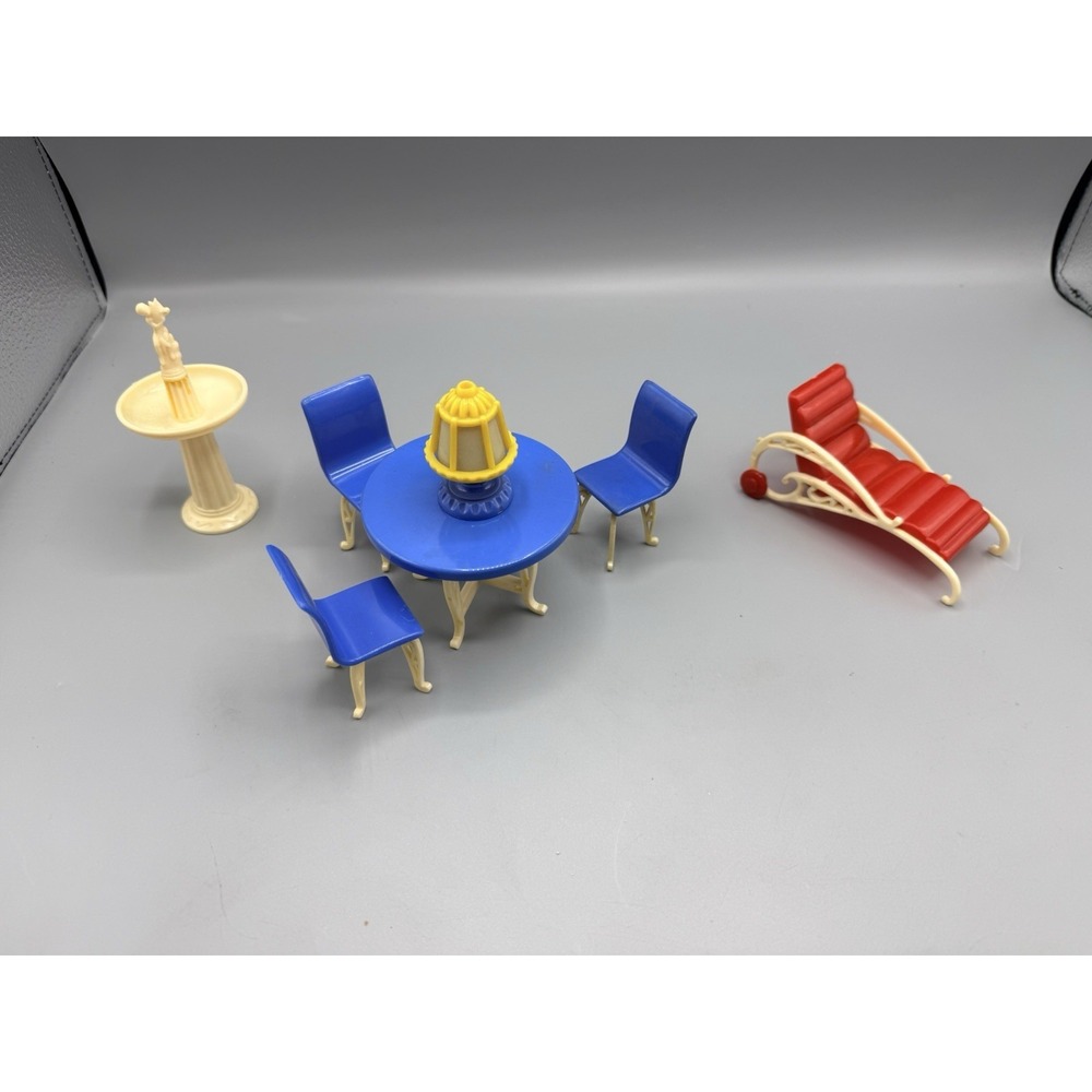 Vintage Plasco Dollhouse Furniture -7 Patio Pieces - Table Chair Fountain
